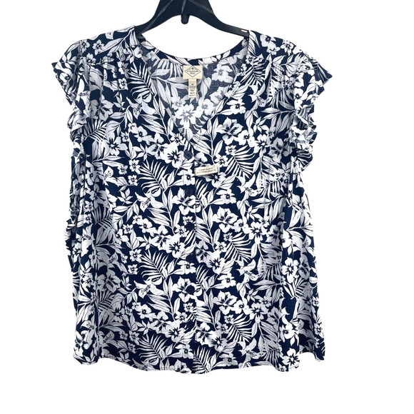 St. John's Bay Linen Ruffled Sleeveless Blouse 3X Blue White Tropical Hawaiian - Picture 4 of 10